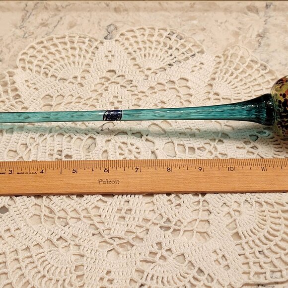 Vintage Czech Art Glass Flower Tulip Hand Blown Glass Turquoise Gold Long Stem - Picture 6 of 11